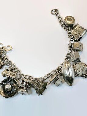 Vintage Charm Bracelet, Sterling Silver, 13 Charms, 30s, 40s, Mexico